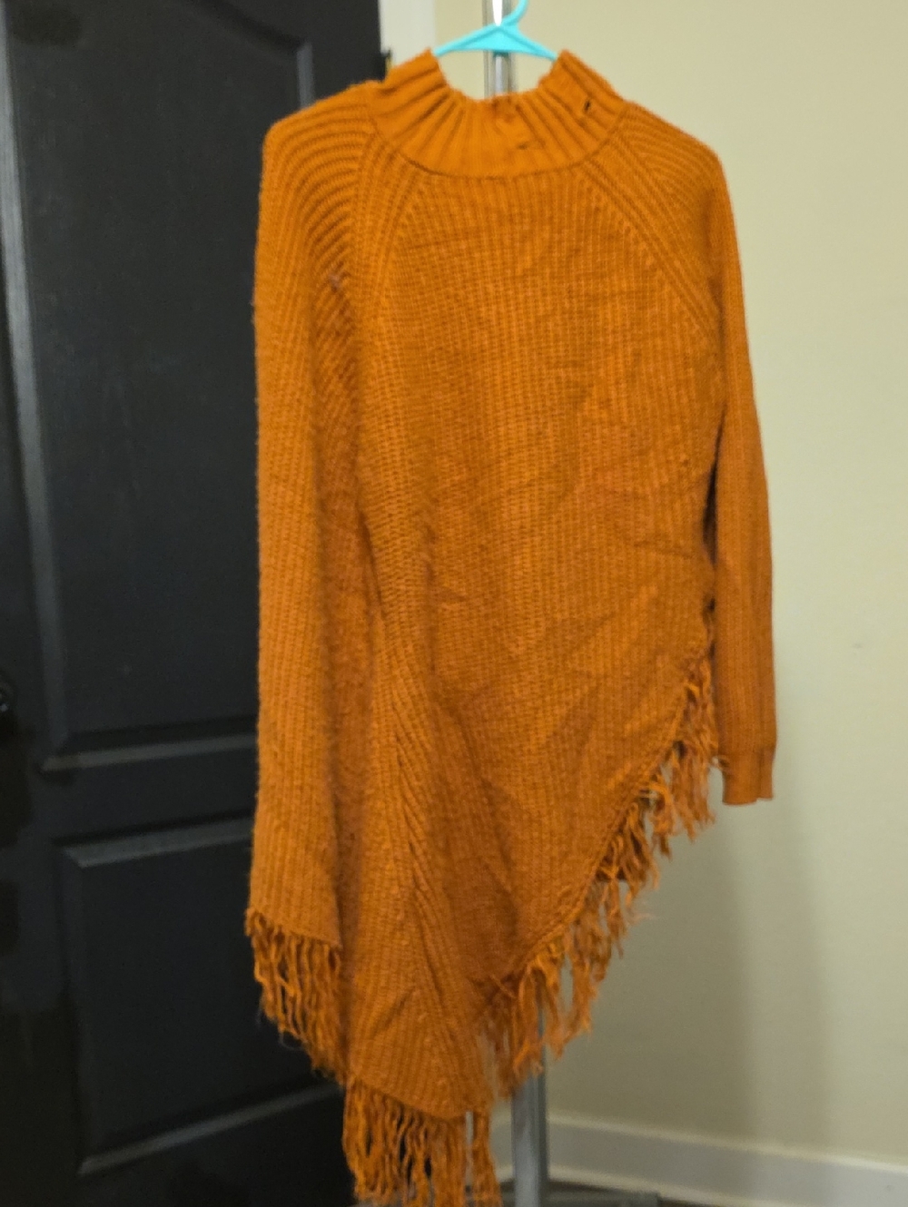 Fashion Nova Two Piece Set Chunky Knit Fringe Poncho Sweater Set- Burnt Orange